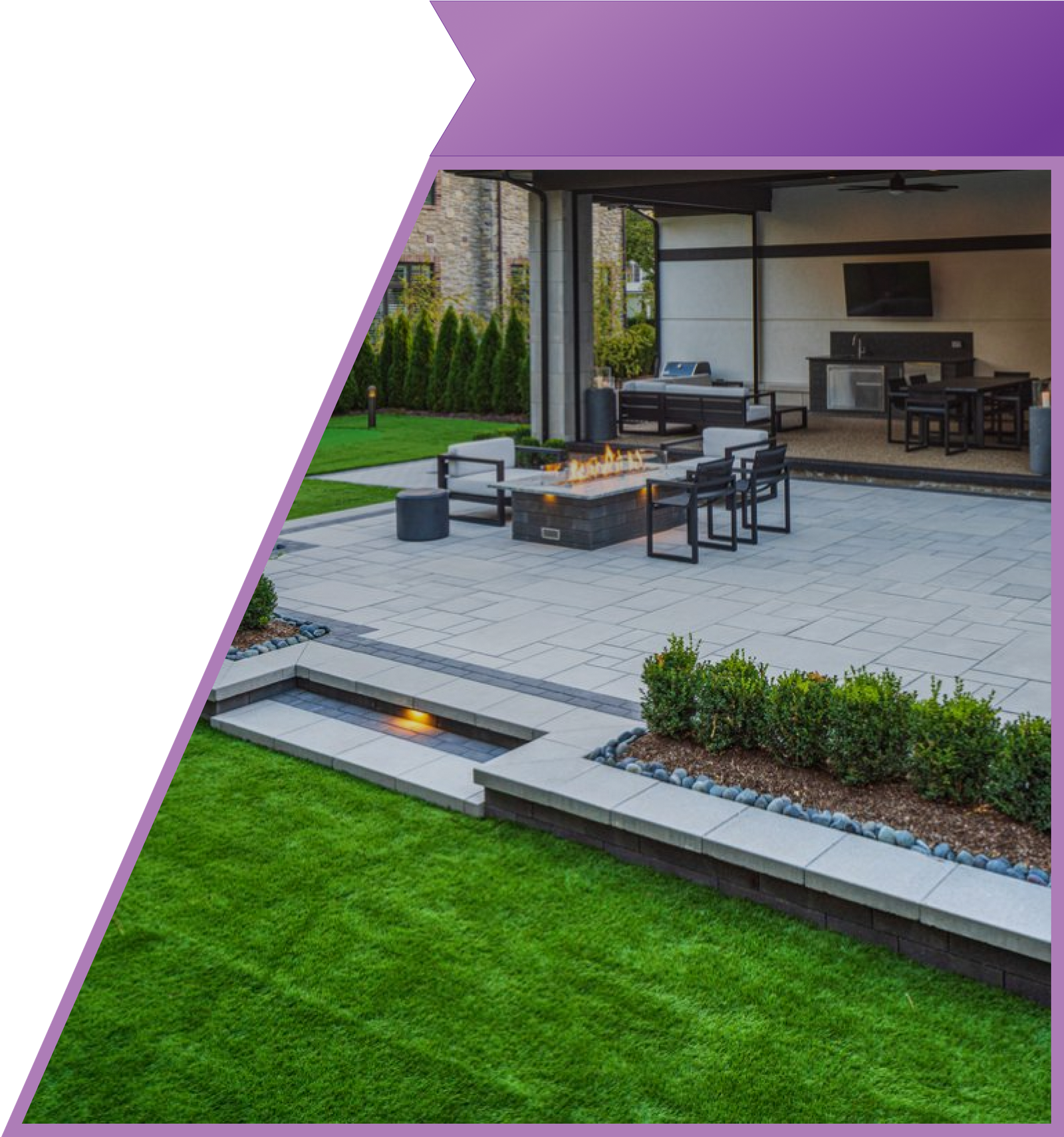 Modern outdoor living space with fire feature